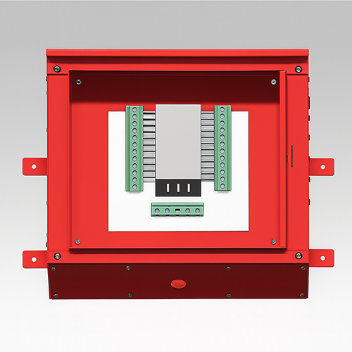 Red electrical junction box with green terminal blocks mounted inside on a gray background.