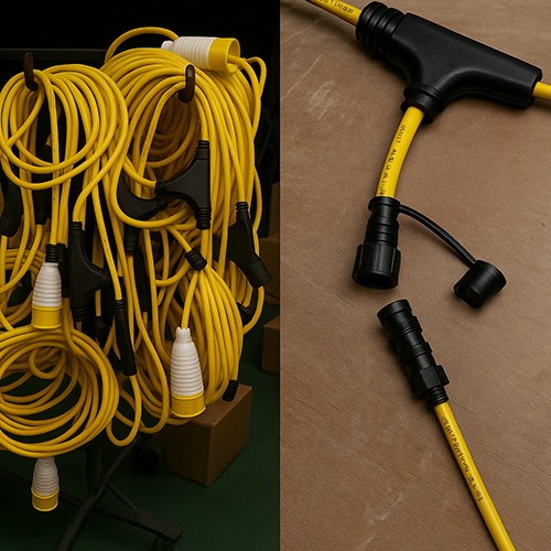 Coiled yellow extension cords with black T-shaped connectors and white caps hanging on hooks.